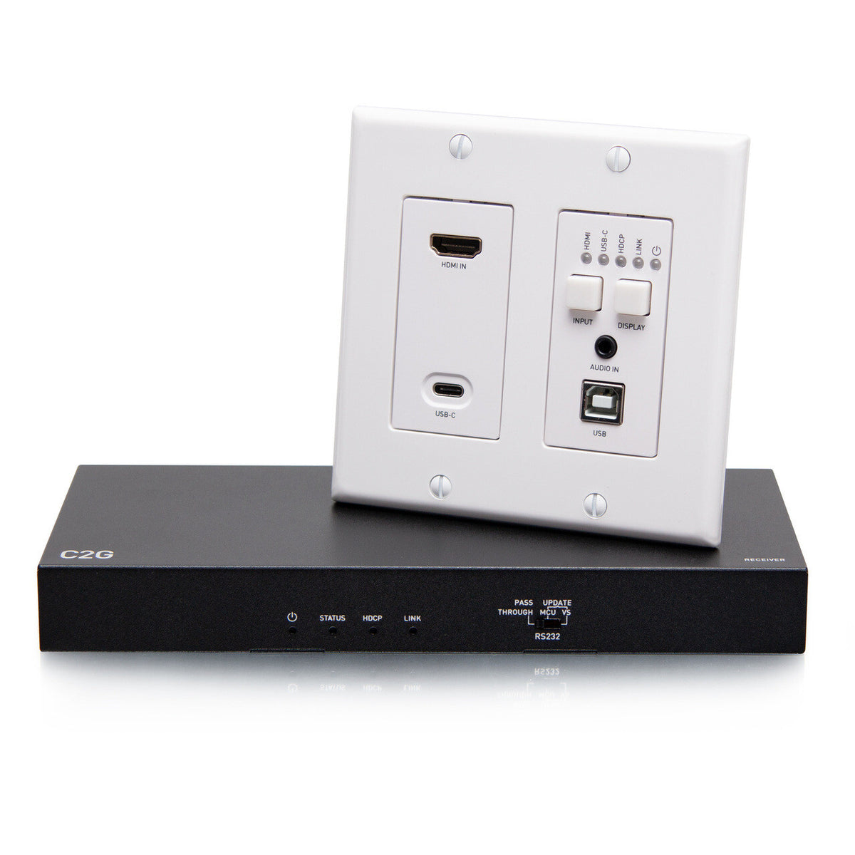 C2G HDMI® HDBaseT + USB-C®, 3.5mm, and USB-B to A over Cat Extender Wall Plate Transmitter to Box Receiver - 4K 60Hz