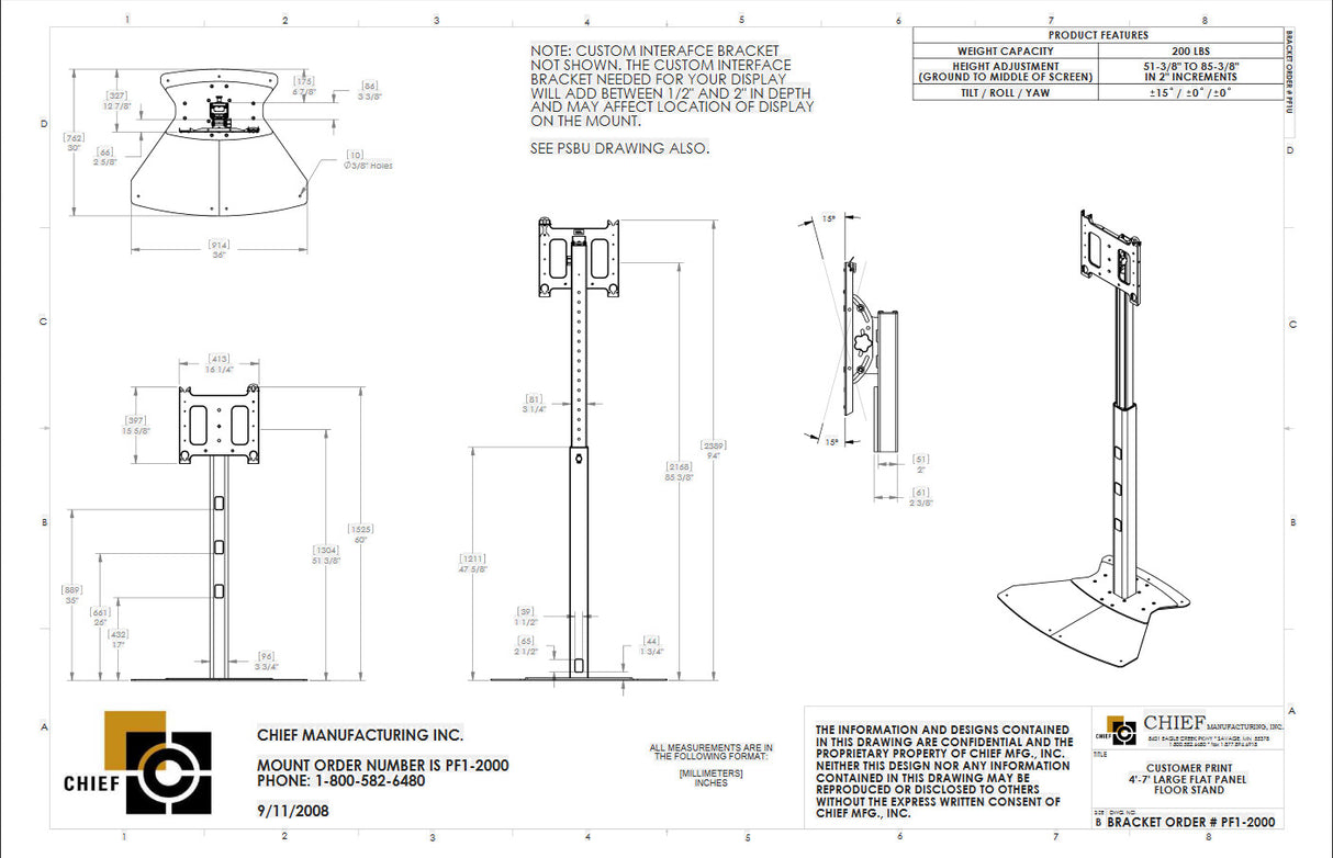 Chief PF1UB monitor mount / stand 190.5 cm (75") Black Floor