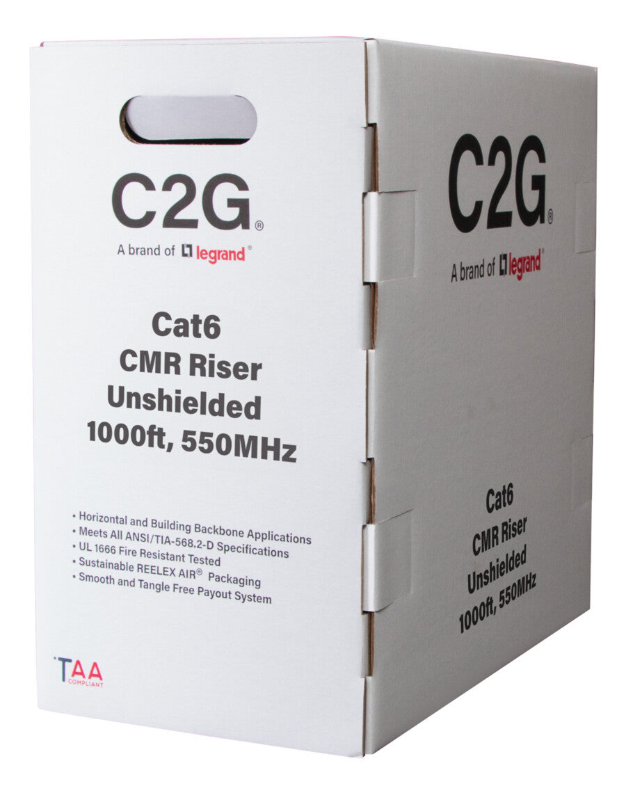 C2G 1000ft (304.8m) TAA-Compliant Cat6 Bulk Unshielded (UTP) Ethernet Network Cable with Solid Conductors-Riser CMR-Rated - White