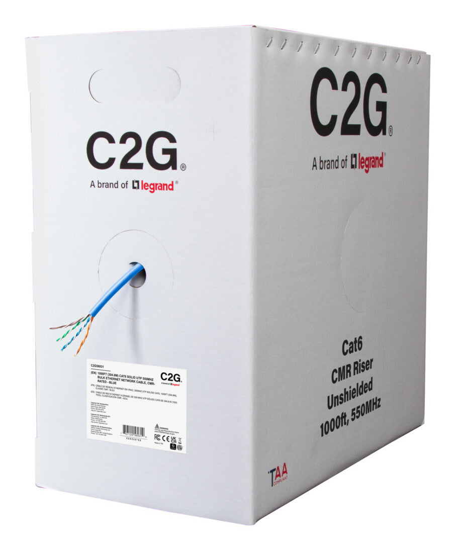 C2G 1000ft (304.8m) TAA-Compliant Cat6 Bulk Unshielded (UTP) Ethernet Network Cable with Solid Conductors-Riser CMR-Rated - Blue