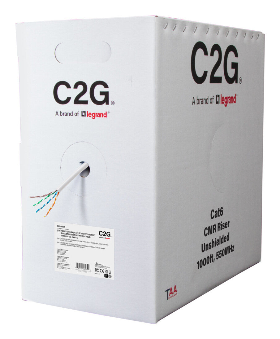 C2G 1000ft (304.8m) TAA-Compliant Cat6 Bulk Unshielded (UTP) Ethernet Network Cable with Solid Conductors-Riser CMR-Rated - White