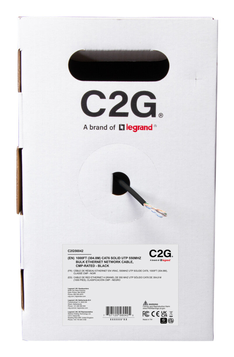 C2G 1000ft (304.8m) TAA-Compliant Cat6 Bulk Unshielded (UTP) Ethernet Network Cable with Solid Conductors-Plenum CMP-Rated - Black