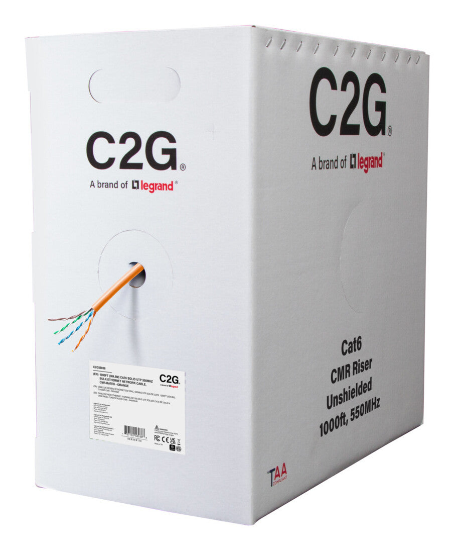 C2G 1000ft (304.8m) TAA-Compliant Cat6 Bulk Unshielded (UTP) Ethernet Network Cable with Solid Conductors-Riser CMR-Rated - Orange