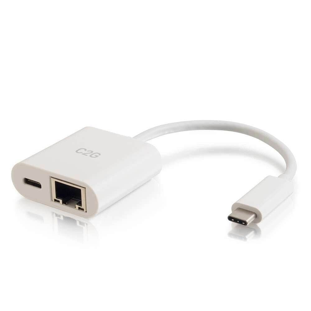 C2G USB-C® to Ethernet Multiport Adapter with Power Delivery up to 60W - White