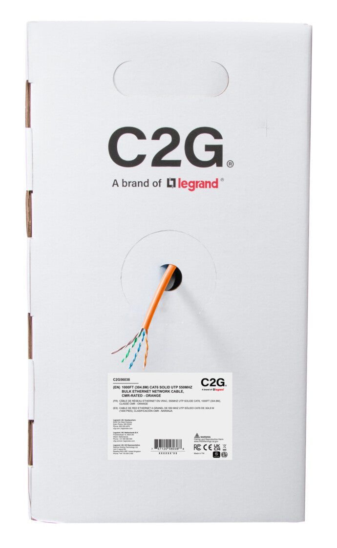 C2G 1000ft (304.8m) TAA-Compliant Cat6 Bulk Unshielded (UTP) Ethernet Network Cable with Solid Conductors-Riser CMR-Rated - Orange